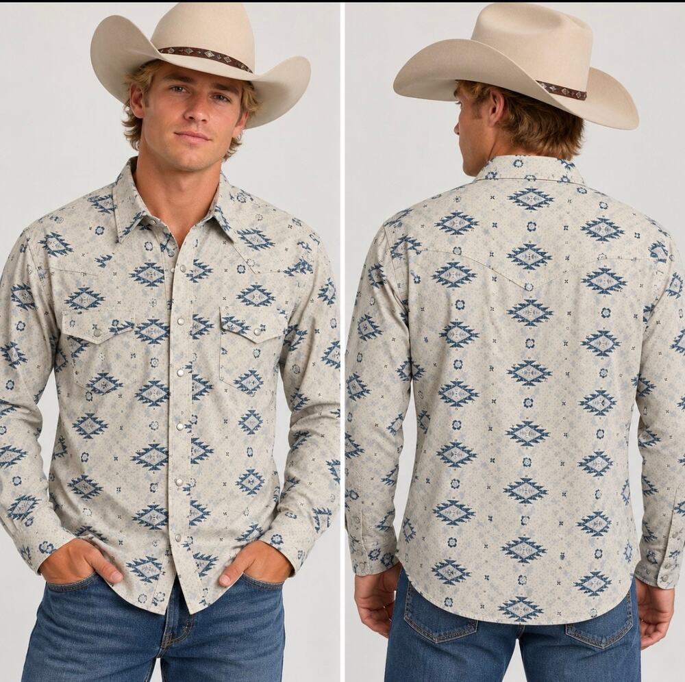 ELY Cattleman Western Shirt Men’s M 100% Cotton Blue Southwestern Pearl Snap